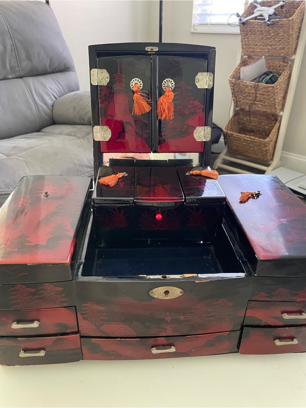 Black/Red Lacquered Wood Jewelry Box w/ Mirror, Velvet Lined Drawers, Asian